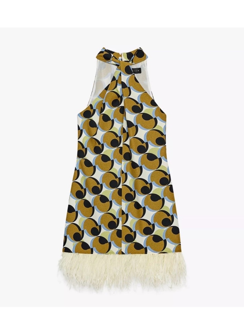 Zara Olive Green Geometric Mini Dress with Feather Hem - Picture 3 of 4